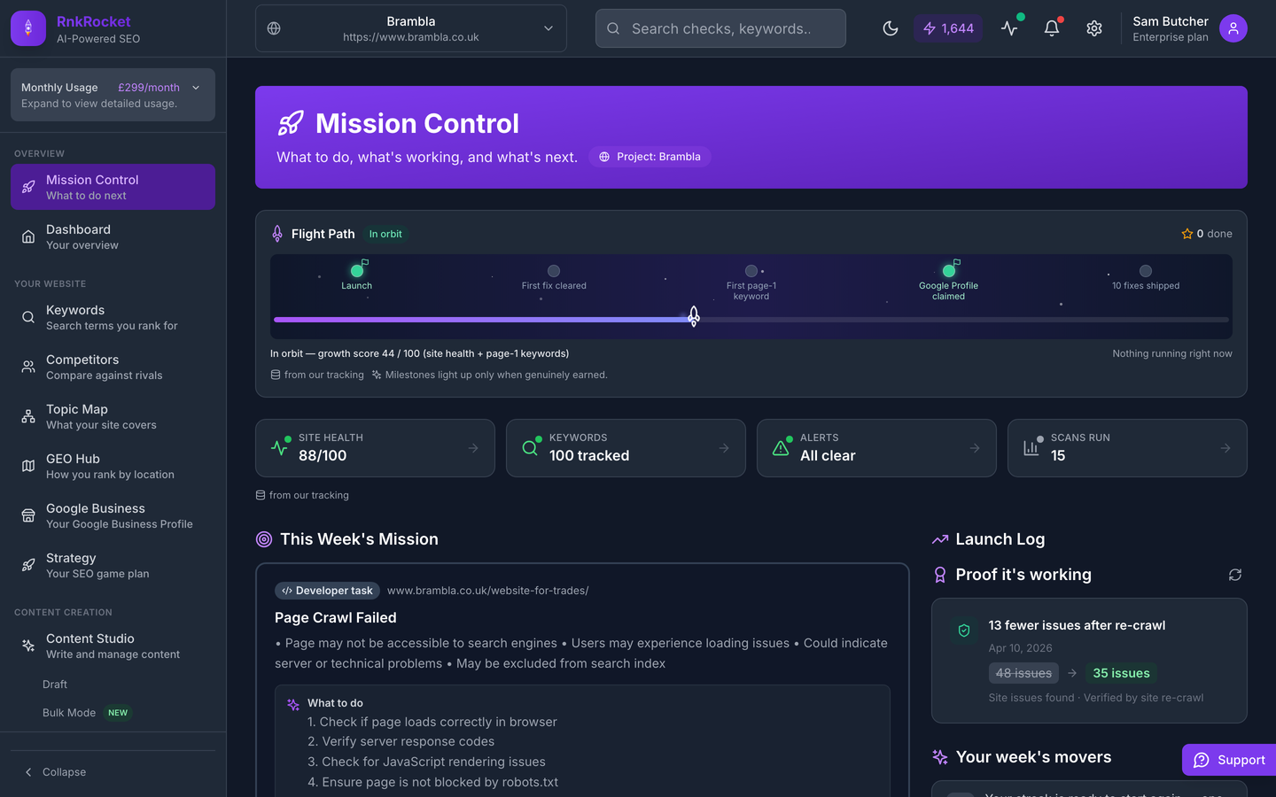 RnkRocket Mission Control showing the Flight Path journey, site health gauges, This Week's Mission and the verified Launch Log on the Brambla project
